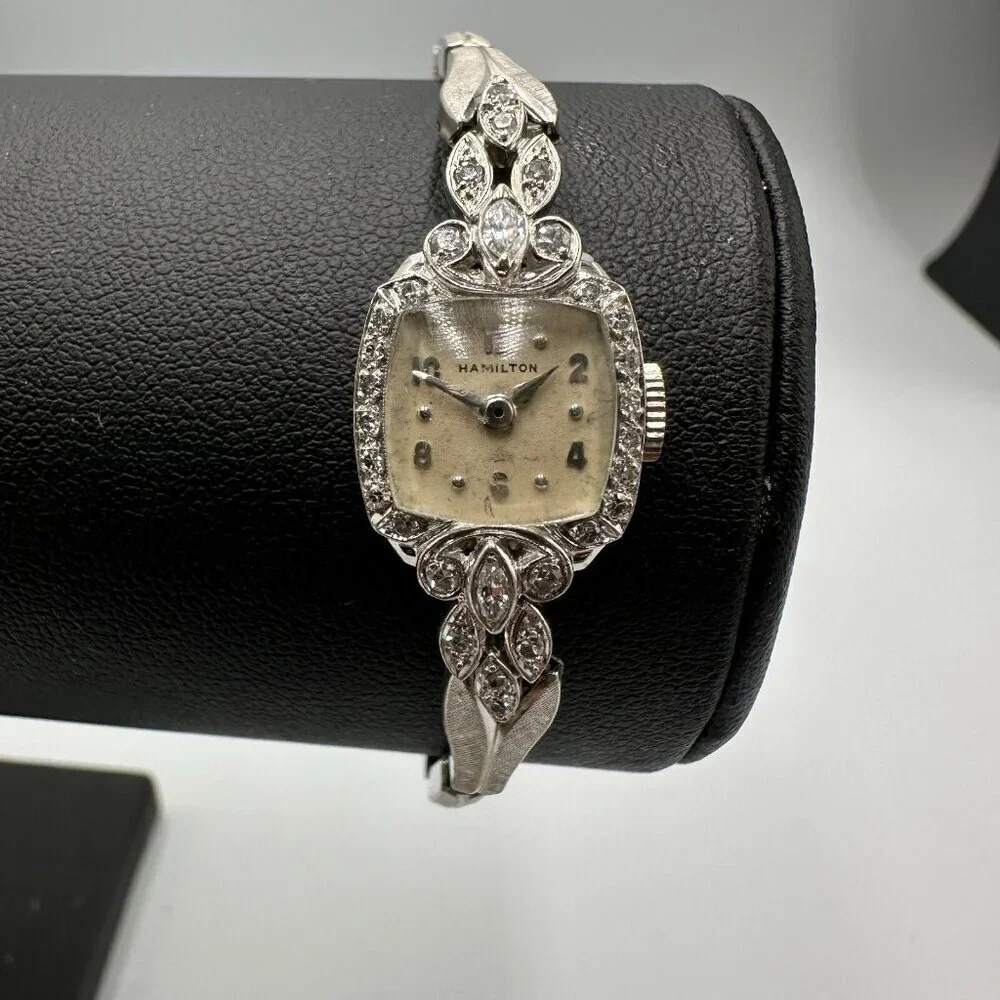 Vintage Hamilton Dinhofer Watch Women Platinum Diamond Bezel Manual Stretch